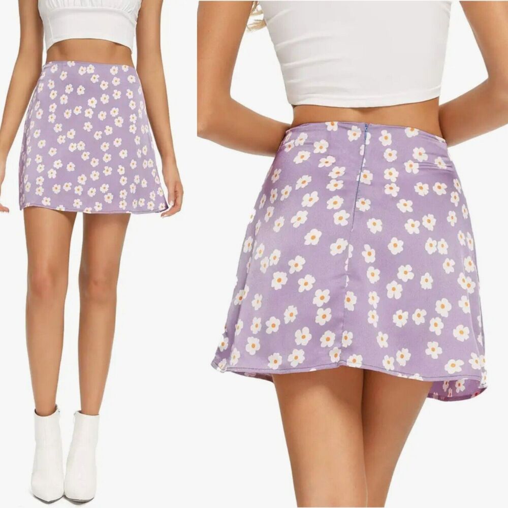 Lyaner XL Lavender Floral Satin Silky High Waist Mini Skirt 60s 90s The Nanny